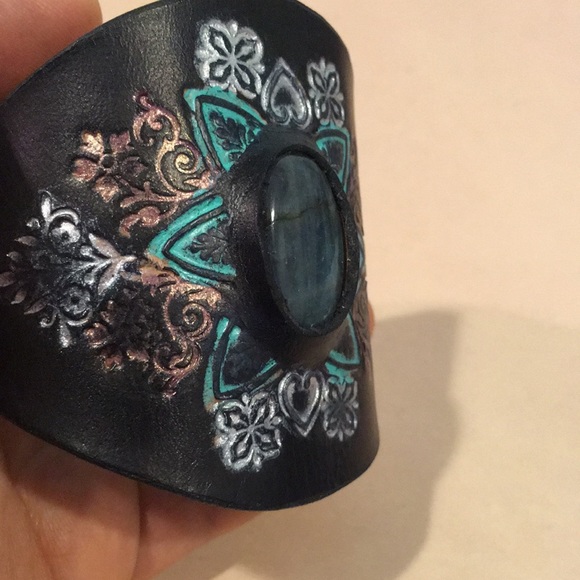 Tooled Leather Cuff Bracelet with Labradorite Gemstone Inlay Boho Mandala Cuff - Picture 6 of 12